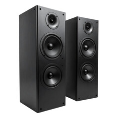 Fototapeta premium Black audio speaker system equipment isolated on a white background for loud music and sound technology