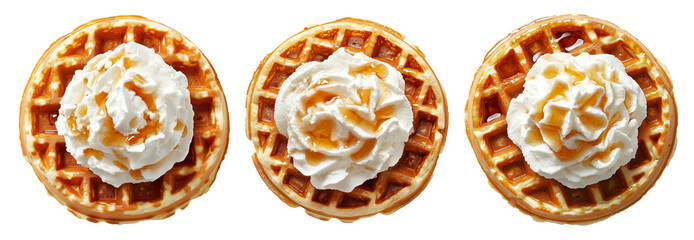 Golden waffle with whipped cream and syrup topping, isolated on white background, concept of sweet dessert treat