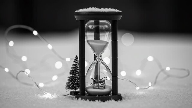 Hourglass sand timer holiday miniature tree string lights snowy scene bokeh with snow on surface creating nostalgic winter pause and gift like mood