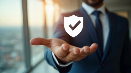 Businessman holding security shield checkmark icon office with suit and hand conveying trust confidence protection and reliable professional service