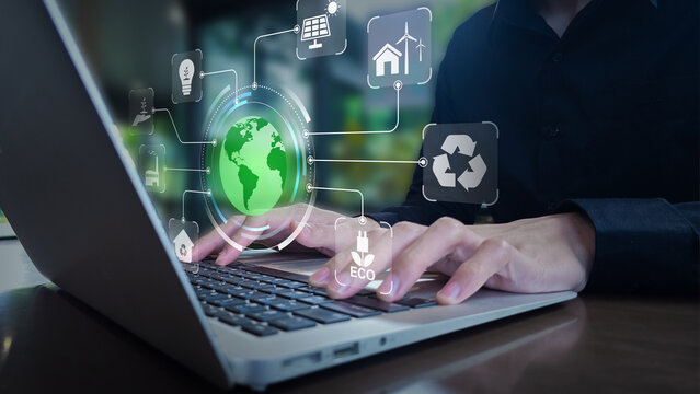 Digital Workspace with Eco Icons Representing Sustainable Technology and Global Impact