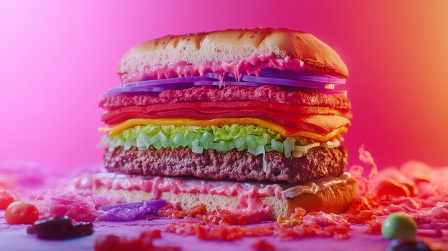 A vibrant and colorful burger stands tall with layers of unique ingredients. A feast for the eyes. Perfect for food lovers or advertising. Generative AI