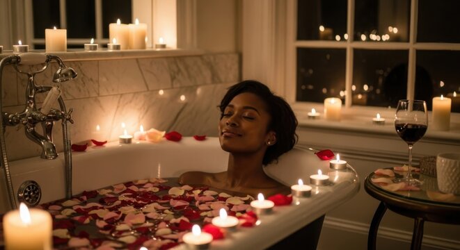 African American woman relaxing in a luxurious bathtub filled with rose petals, surrounded by candles, creating a serene and romantic atmosphere for self-care and relaxation