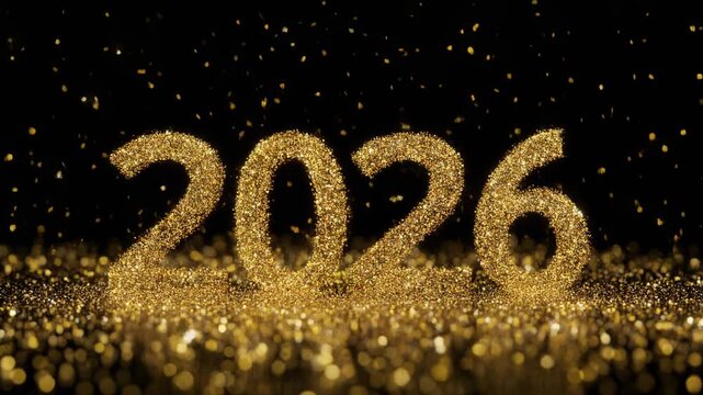 A close-up of glitter falling over a black background with golden 2026 letters 