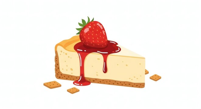 Delicious Strawberry Cheesecake Slice Illustration on White Background
