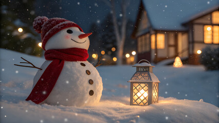 This Christmas vector illustration features a cute snowman with a hat and scarf enjoying the winter snow landscape in a park