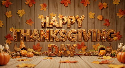 Happy thanksgiving day golden text with autumn leaves and pumpkins