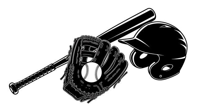 Monochrome illustration of essential baseball gear with bat glove and helmet.