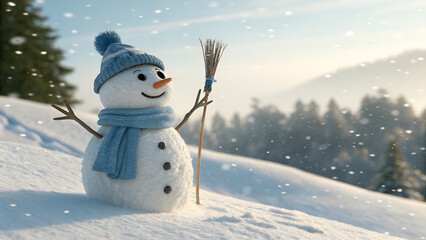 A charming cartoon snowman wearing a red scarf and hat stands in a winter snow landscape, perfect for a Christmas holiday greeting card illustration