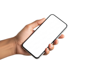 Hand holding a tilted smartphone with a blank white screen isolated on transparent background, perfect for showcasing app interfaces and mobile content