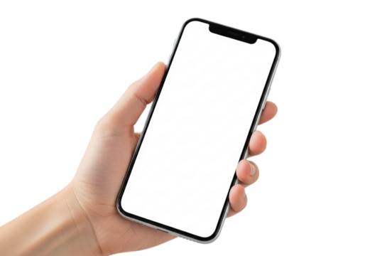 Hand holding a modern smartphone with a blank white screen, showcasing app design and mobile technology isolated on transparent background