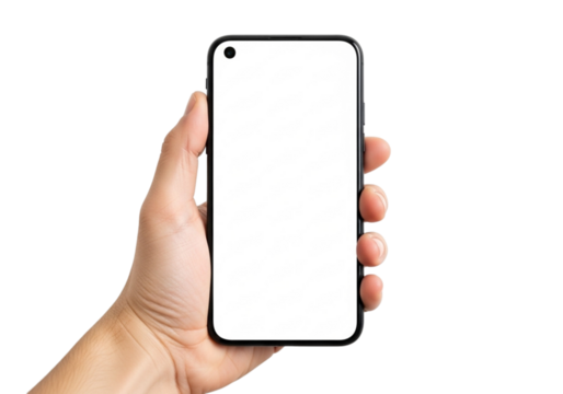 Hand holding a modern smartphone with a blank white screen isolated on transparent background, showcasing app design and mobile technology integration