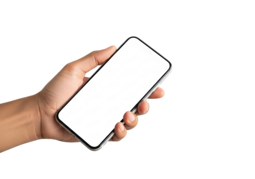 Hand holding a tilted smartphone with a blank white screen isolated on transparent background, perfect for showcasing app interfaces and mobile content