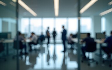 Blurred office with people working behind glass wall. High quality