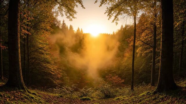 Wisps of low-hanging fog gracefully drift and swirl through the dense forest canopy and valleys at sunrise, captured in a dynamic nature timelapse ethereal, landscape, natural phenomena
