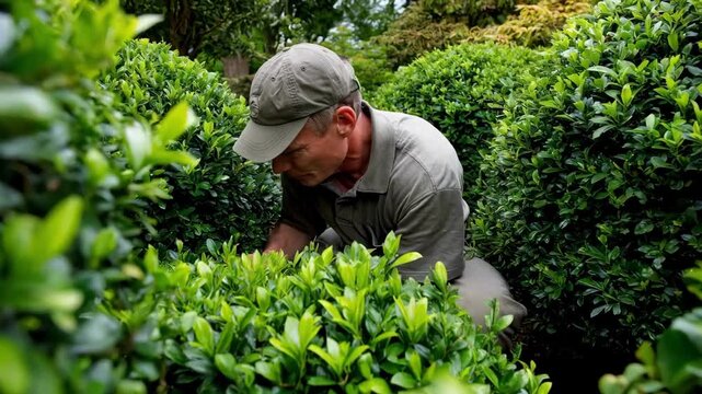 Experienced gardener pruning lush green shrubs to enhance health and promote vibrant growth in a sunny garden setting.
