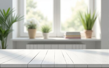 White wood top table over office blurred background. High quality