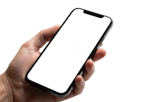 Hand holding a smartphone with blank screen isolated on transparent background for mockup template advertising and branding technology concept
