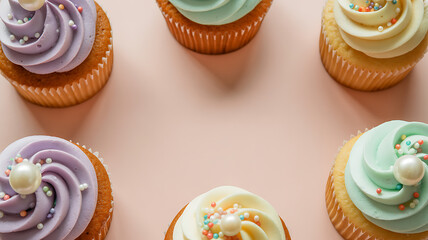 Colorful cupcakes with swirled frosting and decorative sprinkles on a pastel background