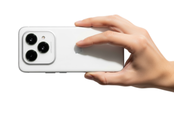 Hand holding a white smartphone with three lenses isolated on transparent background, showcasing modern technology and mobile communication in a clean studio shot
