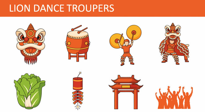 Eight orange and red icons related to Lion Dance Troupers and Chinese culture