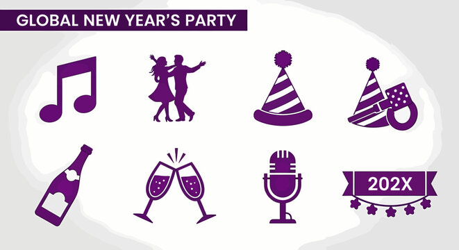 Eight purple New Years party icons on a white gradient background