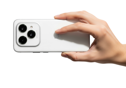 Hand holding a white smartphone with three lenses isolated on transparent background, showcasing modern technology and mobile communication in a clean studio shot