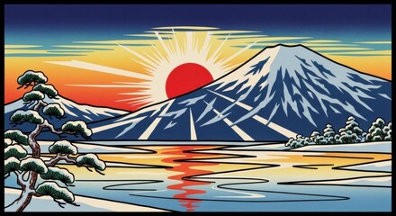 Vibrant landscape illustration featuring majestic mountain, rising sun, and serene lake, surrounded by lush trees, capturing the beauty of nature in a colorful artistic style