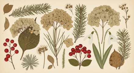 Botanical illustration featuring various plants, flowers, and leaves in earthy tones, showcasing nature's beauty and diversity with intricate details and textures