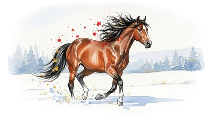 Brown horse galloping through a snowy landscape, with colorful splashes of paint in the background, showcasing the beauty of nature and the spirit of freedom in winter