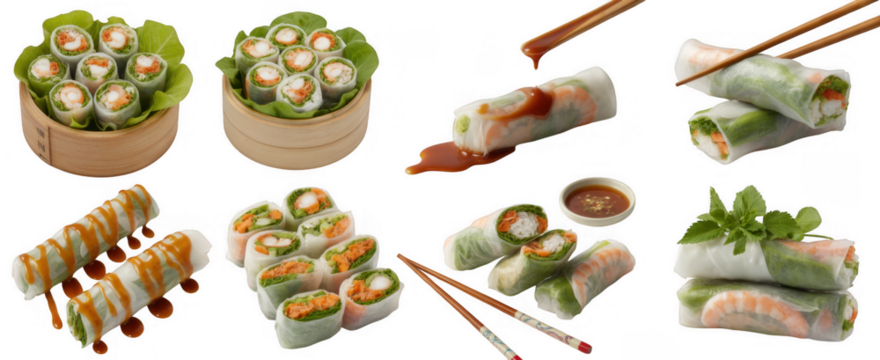 Fresh spring rolls with shrimp and vegetables isolated on a transparent background