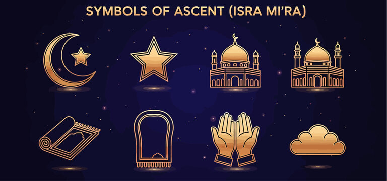 Golden line icons related to the Islamic Isra Miraj event on a starry dark blue background