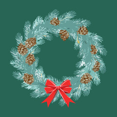 Classic Christmas wreath illustration featuring deep green pine Plants, snow-dusted cones, and a festive red satin ribbon decoration