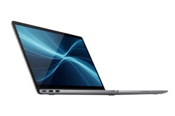 Modern laptop with a vibrant blue screen displaying an abstract design, perfect for showcasing technology, isolated on transparent background