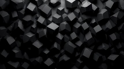 An abstract, high-contrast image of a densely packed, textured field of dark gray and black geometric shapes with deep shadows, creating a three-dimensional background or pattern.