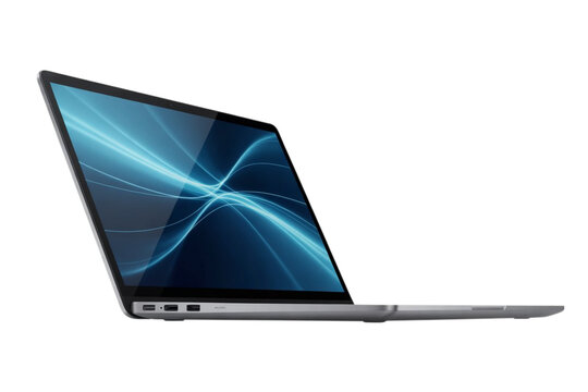 Modern laptop with a vibrant blue screen displaying an abstract design, perfect for showcasing technology, isolated on transparent background - Powered by Adobe