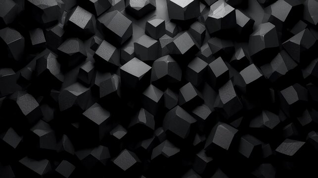An abstract, high-contrast image of a densely packed, textured field of dark gray and black geometric shapes with deep shadows, creating a three-dimensional background or pattern.