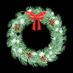 Festive Christmas Wreath Plant Decoration Adorned with Pine Cones and a Vibrant Red Bow for Holiday Cheer and Celebration