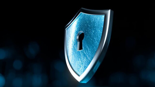 Blue metallic shield with keyhole hovering above glowing circuit ring secure shield with keyhole glowing digital circuit blue shield with keyhole