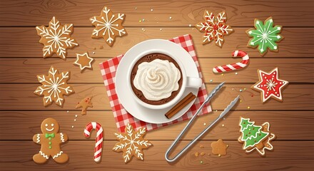 Top-down 3D illustration of a cozy Christmas scene with a mug of hot chocolate, whipped cream, and cinnamon stick, surrounded by various festive gingerbread cookies on a rustic wooden background.