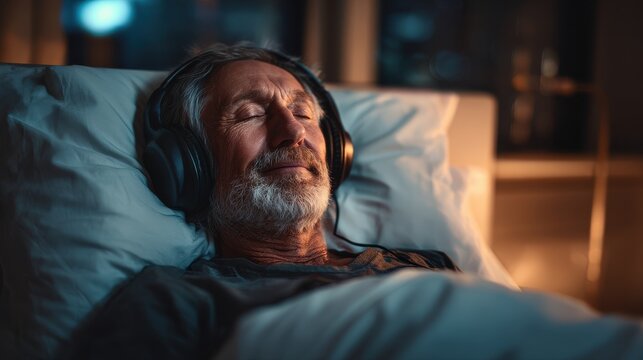 Elderly man relaxing in bed with headphones on while enjoying peaceful music at night - Powered by Adobe