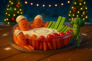 Holiday Veggie Tray – Funny Christmas Party Food Concept with Sad Broccoli and Carrots in a Ranch Dip Hot Tub 