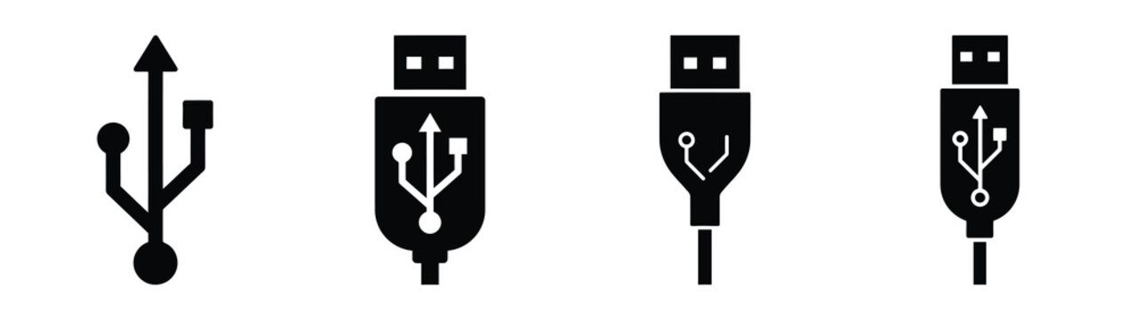 usb minimal flat icon set, black color and white background