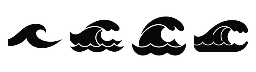 water wave minimal icon set, black color and white background