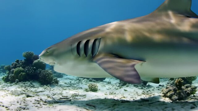 Majestic sand tiger shark, its razor-sharp teeth visible, glides gracefully through clear azure water with golden sunbeams & god rays. Serene underwater natural documentary style