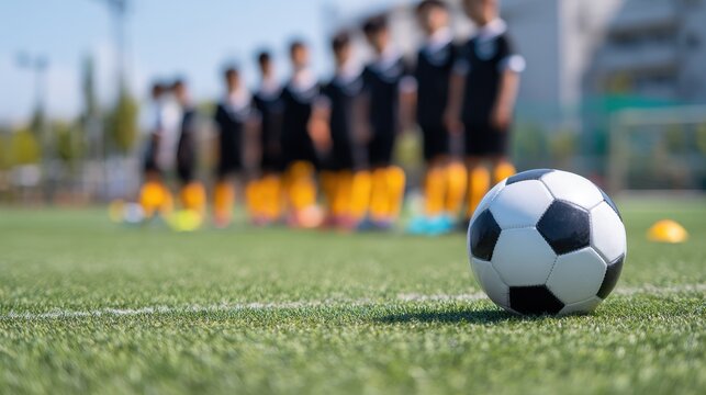 Youth soccer players in practice line up on the field while a soccer ball rests nearby on the turf in bright sunlight during afternoon training session