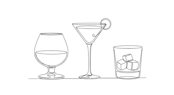 Single continuous line art of three elegant cocktail glasses e