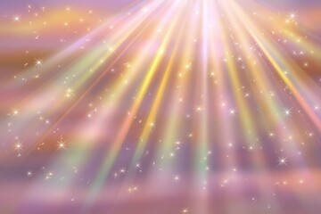 A radiant, pastel-hued backdrop displays a dynamic light beam effect with scattered sparkling particles.