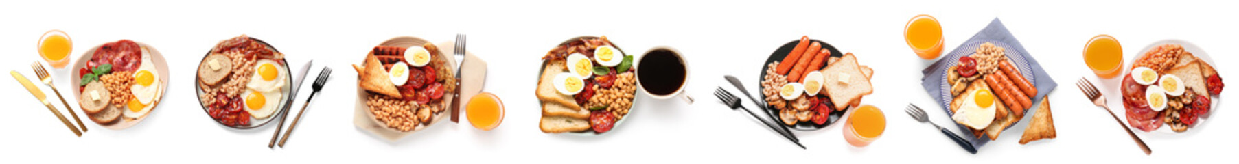 Set of tasty English breakfasts on white background, top view