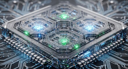 Close-up of a futuristic circuit board with glowing blue and green